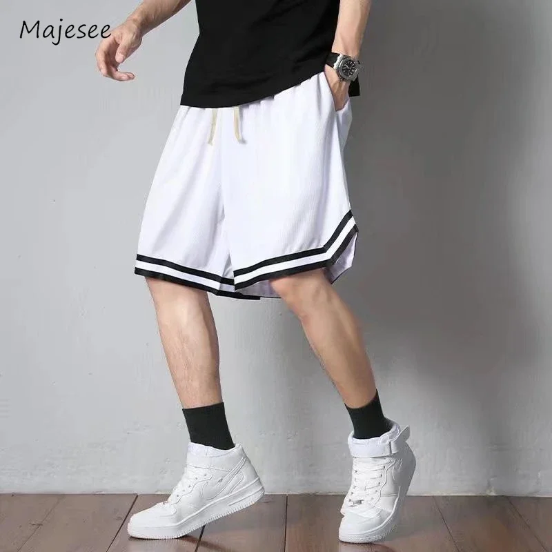 Black Knee Length Basketball Shorts Men Striped Loose Running Sport Gym Mesh Breathable Fitness Training Workout Bottom Male