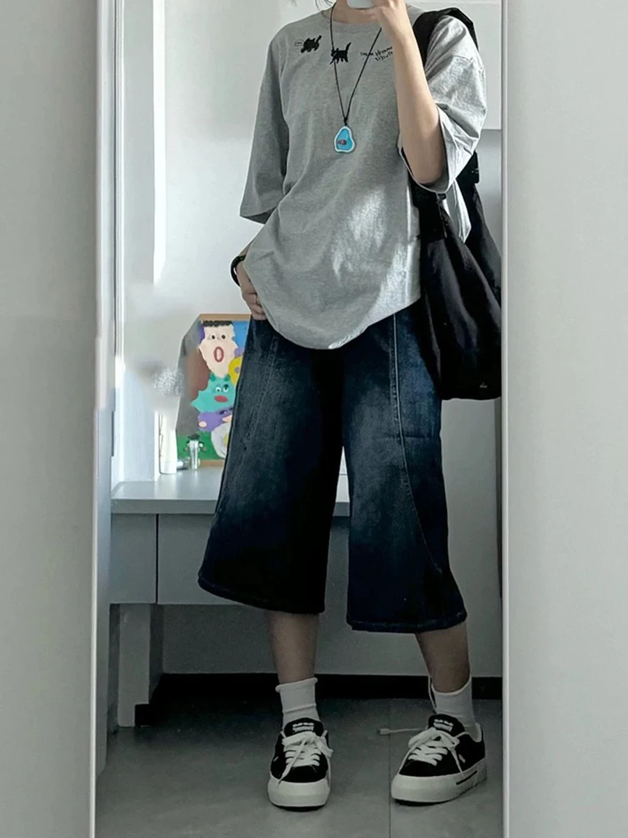 

Большие размеры, винтажные темно-синие джинсовые брюки на семь футов, женские летние свободные тонкие брюки средней длины с высокой талией и широкими штанинами, повседневные брюки с высокой талией