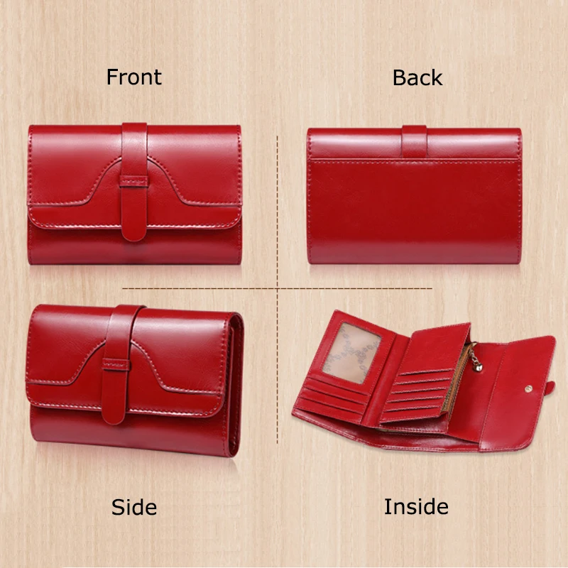 Red Genuine Leather Wallet Women Luxury RFID Card Holder Trifold Wallets Fashion Money Bag with Zipper Pocket Clutch Coin Purse