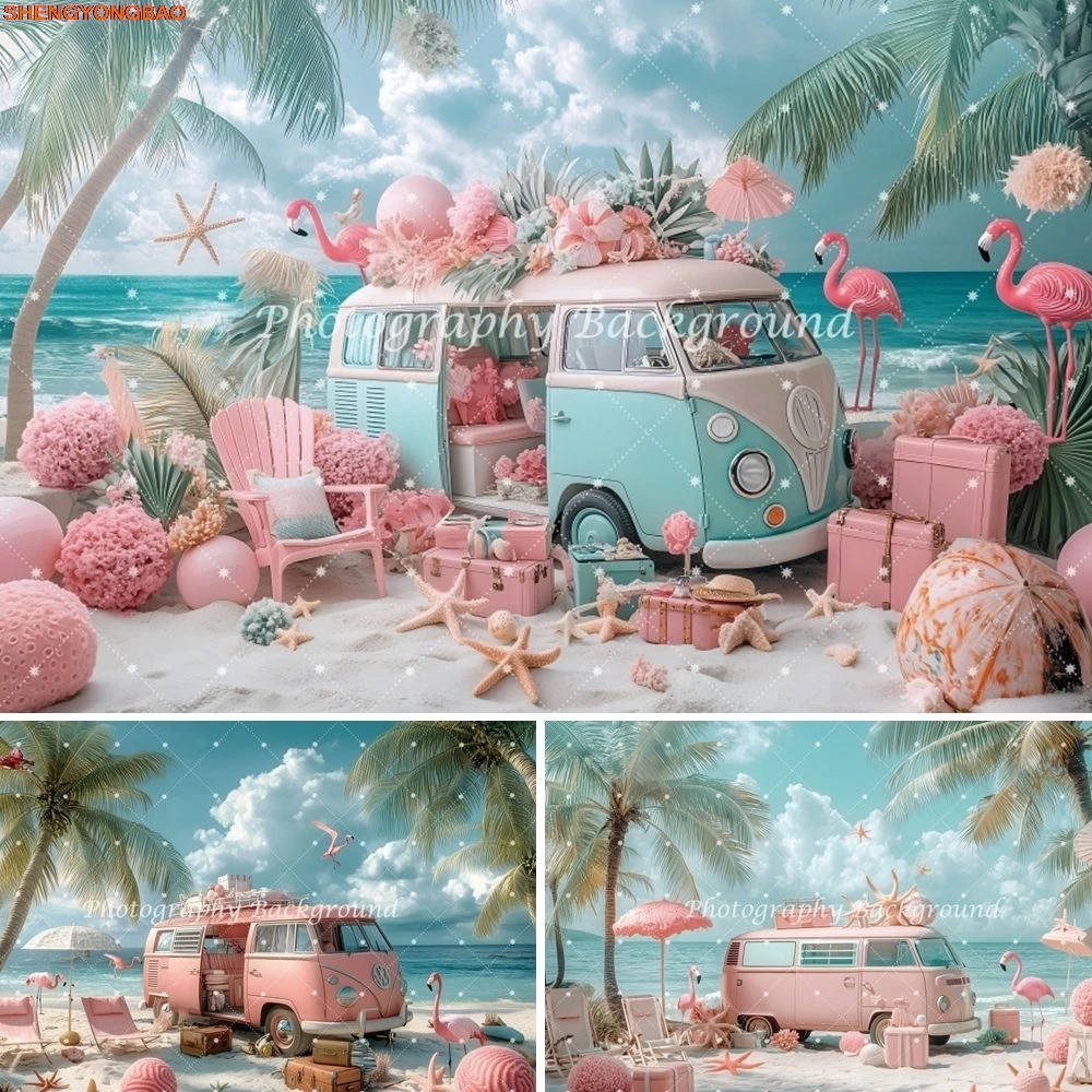 

Summer Seaside Party Photography Background Flamingo Beach Car Sea Birthday Party Photo Backdrop Photostudio Photobooth Props