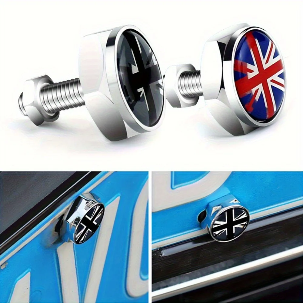 4PCS Car License Plate Holder Fixing Bolt Nut Cap， Suitable for Mini Cooper JCW One S Countryman British Flag Emblem Accessories