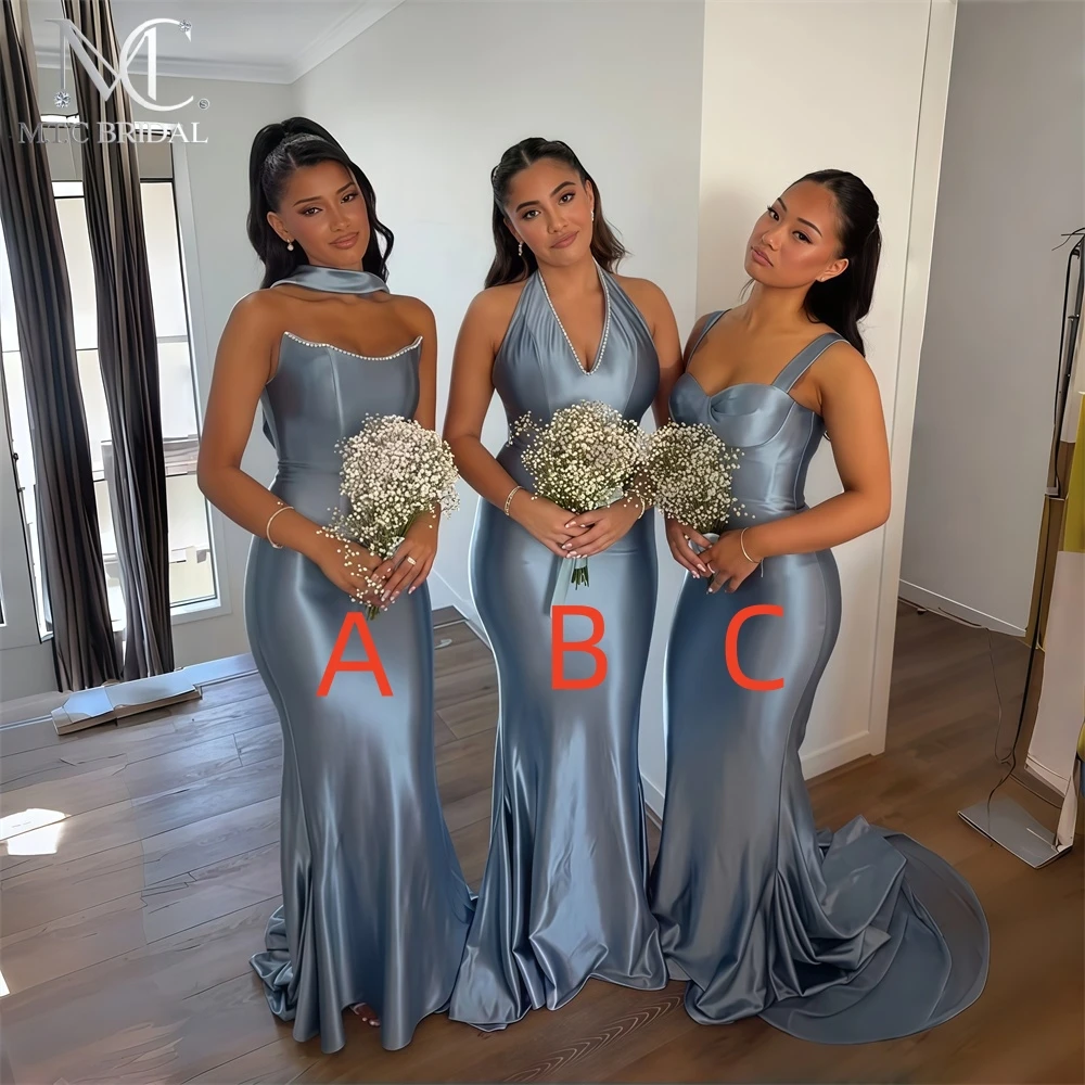 

Custom Made Grey Mermaid Bridesmaid Dresses 3 Styles Floor Length Shiny Satin Long Maids Of Honor Gowns For Wedding Party Attire