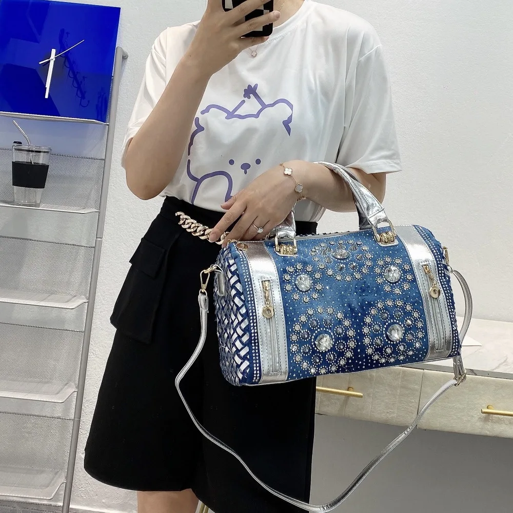 

High Quality Fashion Denim Square Bag Glitter Shiny Rhinestones Diamond Women's Handbag Large Capacity Shoulder Messenger Bag