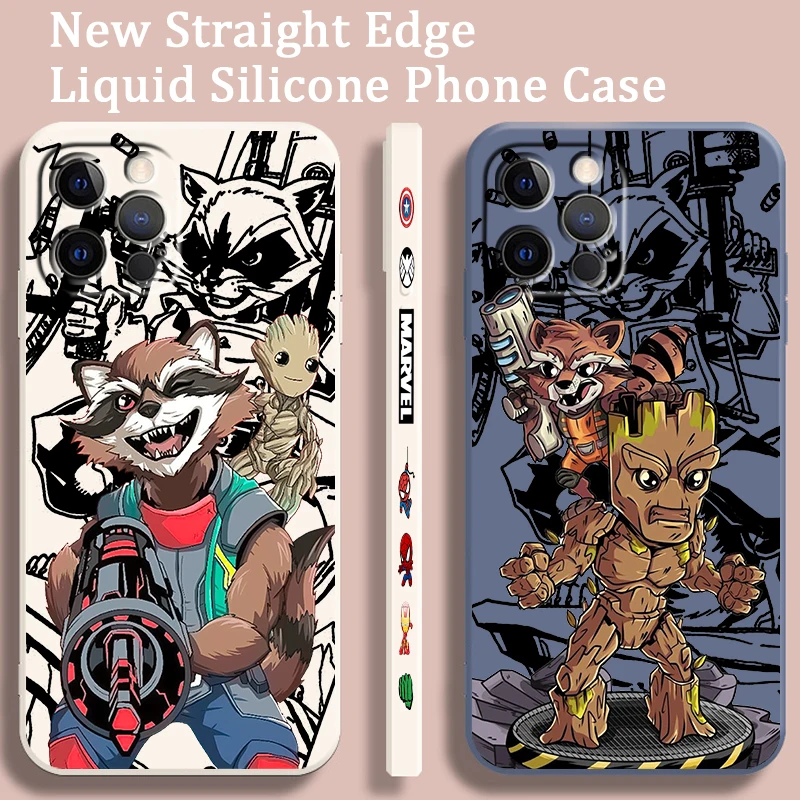 Marvel Rocket Bear Cartoon Cool Liquid Left Rope For Apple iPhone 15 14 13 12 11 XS XR X 8 7 SE Pro Max Plus Mini Soft