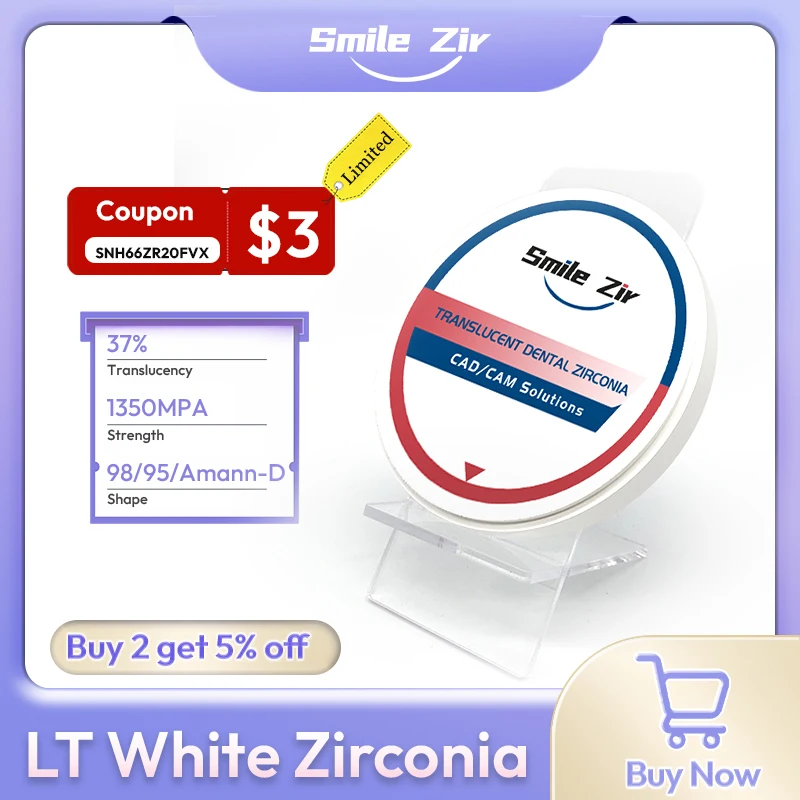 

smile_zir LT White Dental Zirconia Block Disc 95/98mm Amann D-Shape CAD CAM for Long Bridge Posterior Crown Milling Dental Lab