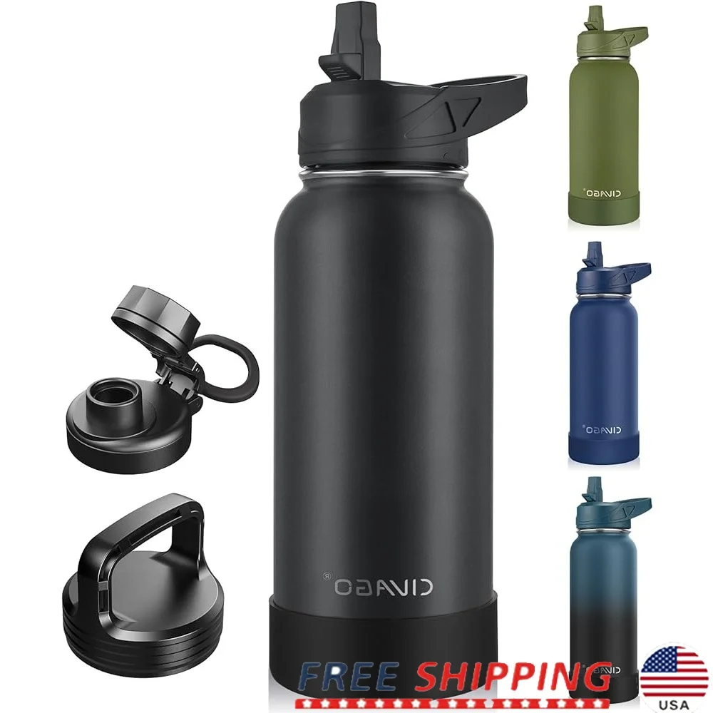 

Insulated Water Bottle with Straw Leakproof Stainless Steel Sports Flask Wide Mouth Easy Twist Spout Handle Lid 32 oz