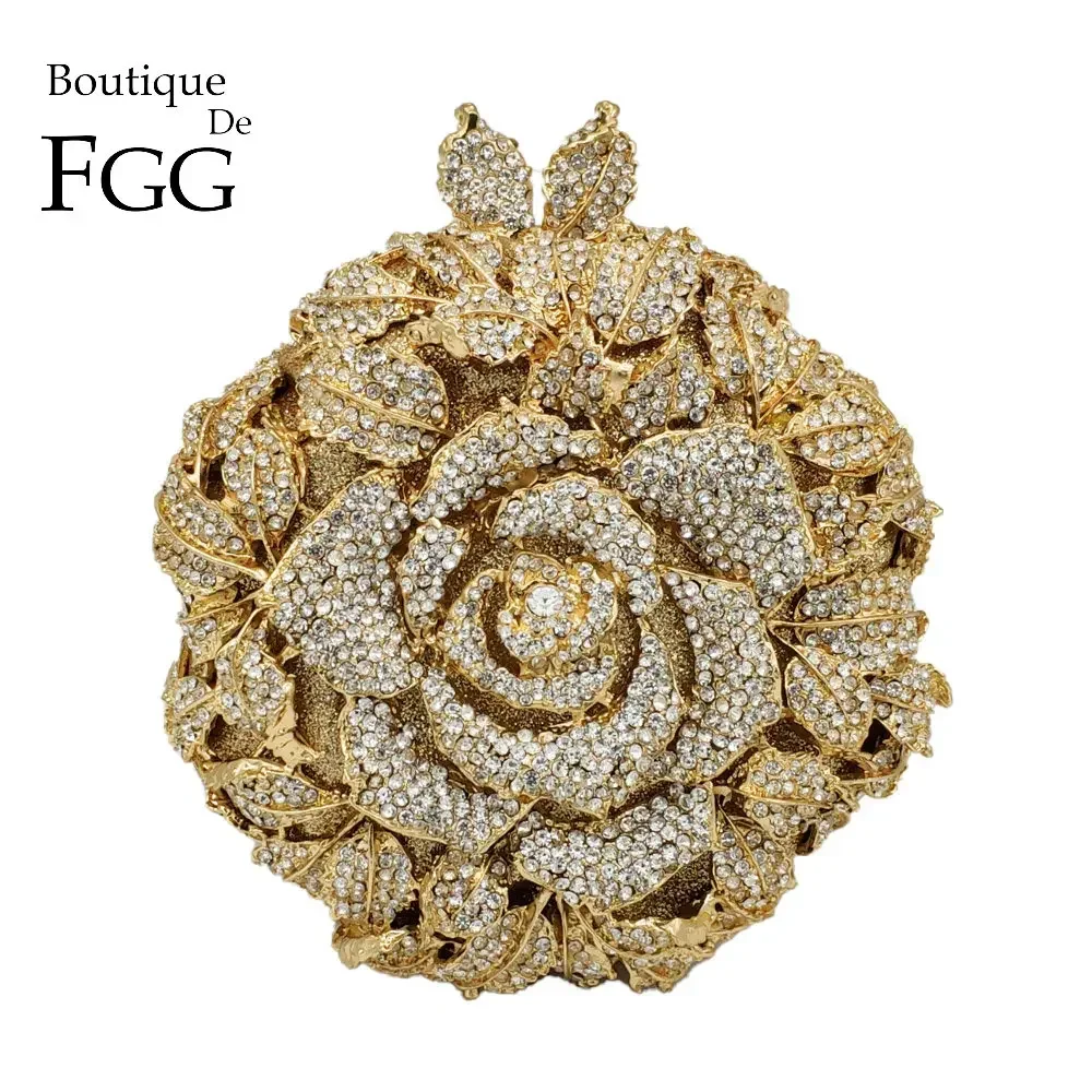 Boutique De FGG (w magazynie) Rose Flower Women Crystal Evening Clutch Bags Bridal Floral Handbag and Purse Wedding Party Prom Bag