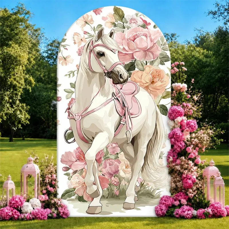 片面アーチ型背景幕カバー-エレガントな白い馬とピンクの花柄サドルの背景-結婚式やブライダルパーティーの装飾に