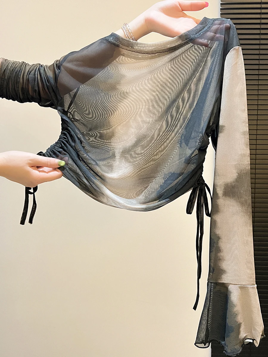 

Slimming Effectiven Water-Media Tie-Dye Bell Sve Thin T-irt Women's Dstring Waist-Cinching Early Autumn Top