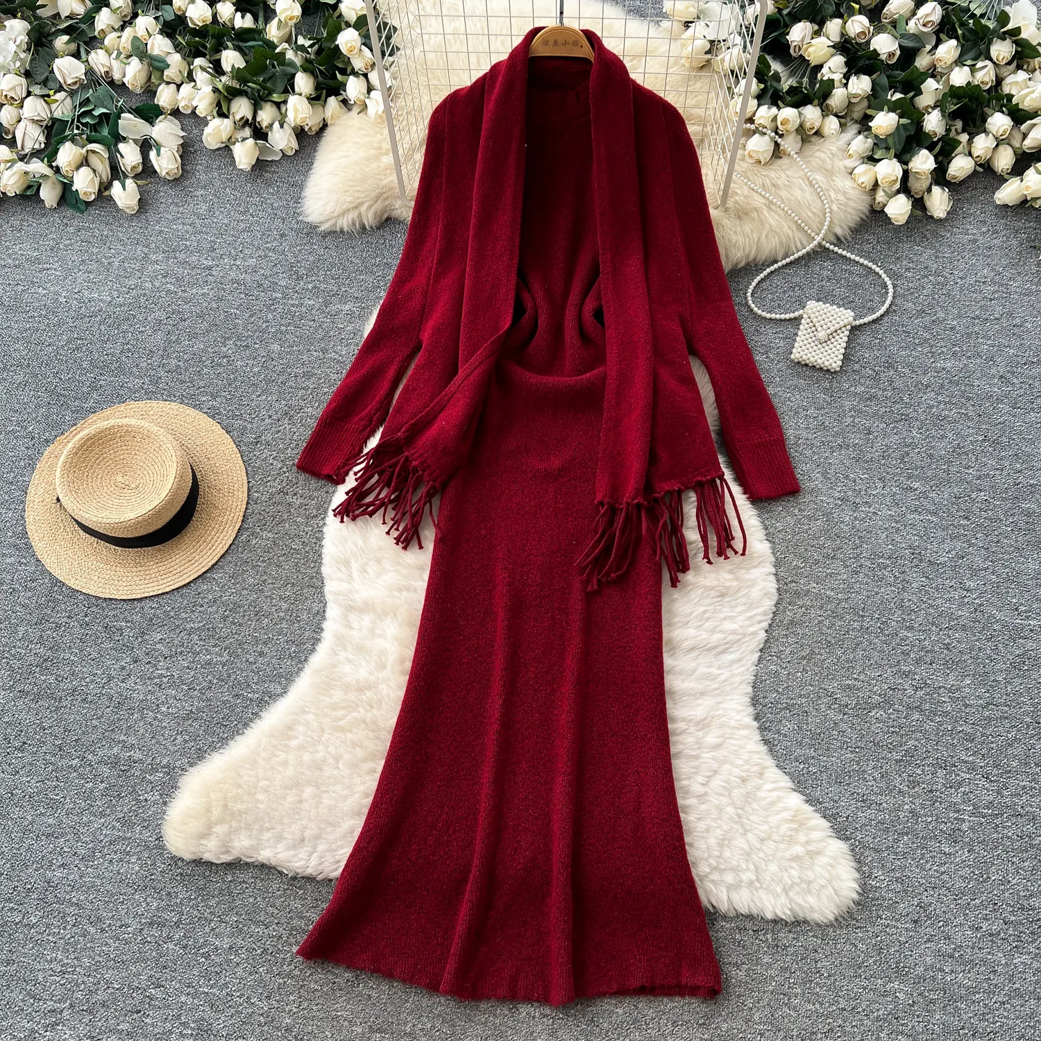 Elegante Strick-Zweiteiler-Sets, schickes Vintage-Oberteil, schmales, ärmelloses Neckholder-Kleid, Cami-Kleid, lockerer Pullover, Strickjacke, Urlaubs-Sets