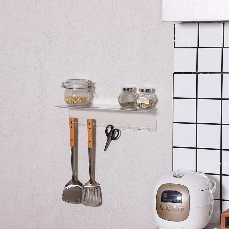 Clear Floating Shelves Display LED,2 PCS Decorative Wall Storage Shelves With Detachable Towel Hooks