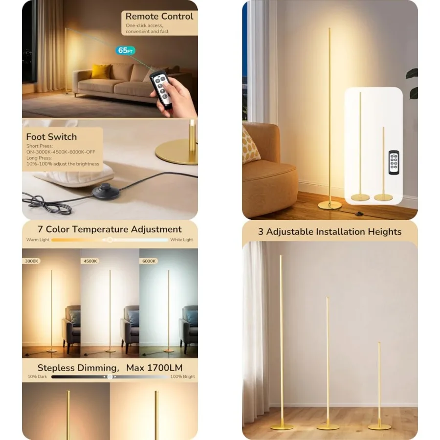 

Corner Floor Lamp, 59.8" Standing Lamp with 3 Height Settings, Adjustable Color Temperature and Stepless Dimming, Remote Contro