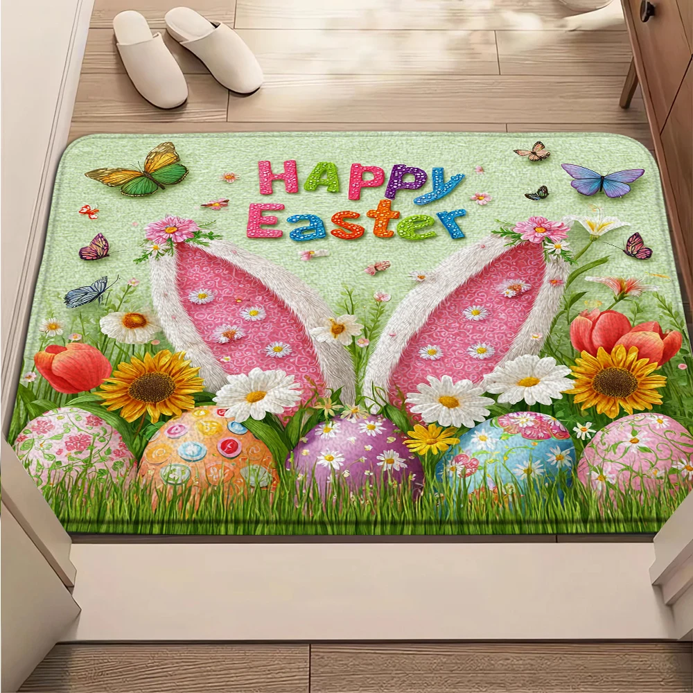 Happy Easter Door Mat Printed Decoration Flannel Carpet Mat Door Mat Absorbent Foot Mat Small Foot Mat Machine Washable Decor