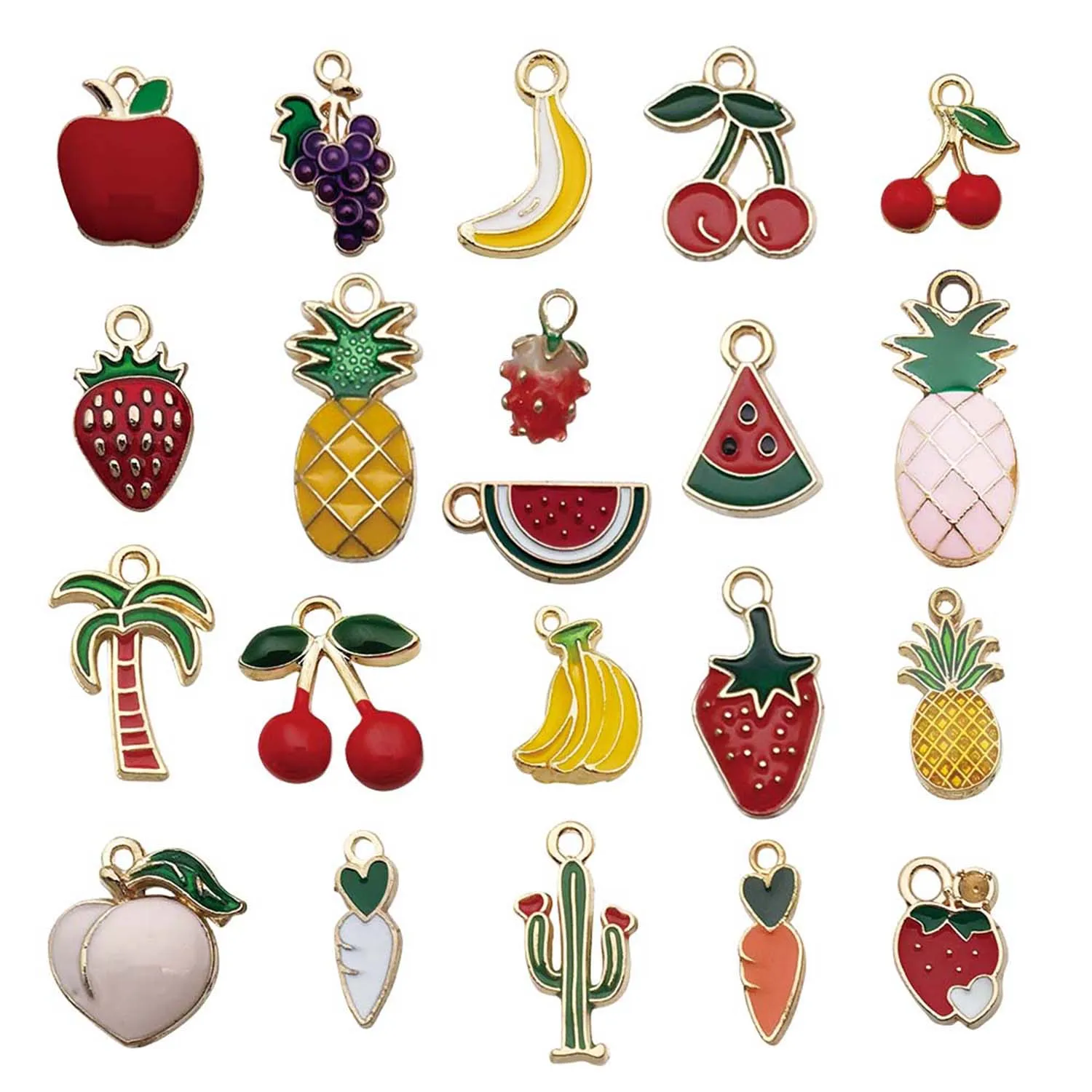 10/21 piezas de dijes de frutas esmaltados de aleación (sandía, cereza, fresa, manzana, plátano) para accesorios de fabricación de joyas DIY