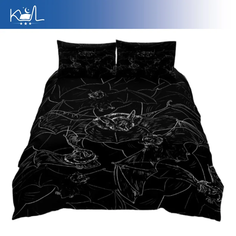 Gothic Bat Print 3 Piece Bedding Set, Dark Aesthetic Duvet Cover with Pillowcase, Creepy Halloween Home Textile for Bedroom Deco
