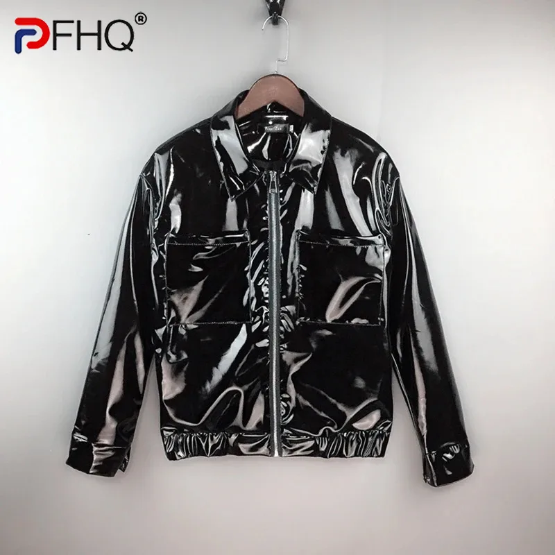 PFHQ Men's Pointed PU Slim Fit Shiny Face Jackets Darkwear Motorcycle Zippers Turn-down Collar Avant-garde Coat Autumn 21Z3710