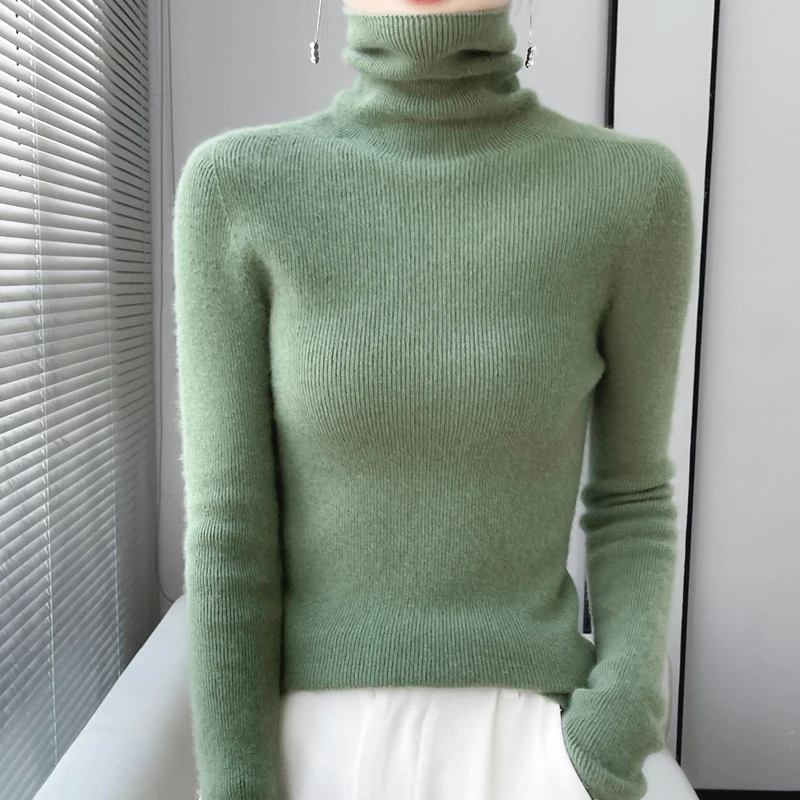 Female turtle neck slim bottoming pullover in autumn and winter 100% merino wool soft Korean pop pullover.