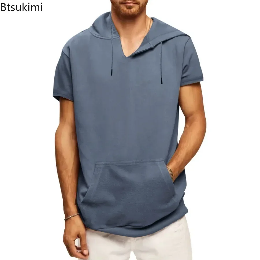 2026 Men's Summer Casual Hoodie T-shirt Front Pocket Short Sleeve Drawstring Sweatshirts Solid Men Sport Hooded Tees Vest Top
