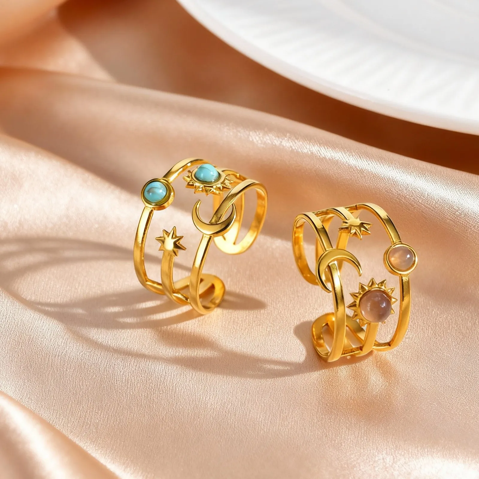Natural Stone Turquoise Star Sun Multi Layers Stainless Steel Open Rings for Women Aesthetic Finger Jewelry Waterproof view 4