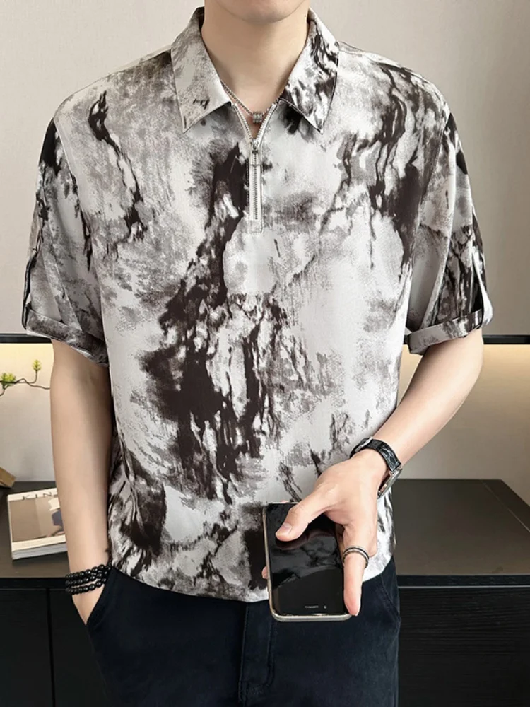 

Мужская футболка Cool Men's из ледяного шелка с эффектом окрашивания, на молнии, тонкая, летняя, с коротким рукавом, повседневная, модная, дышащая, свободного кроя