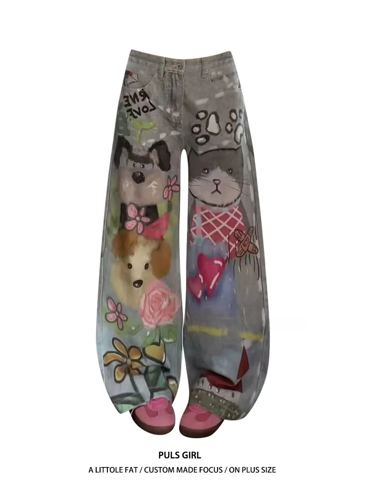 

Женские джинсы большого размера в американском уличном стиле с креативным принтом, новые 2025 года, свободные, широкие, в пол, с эффектом потертости