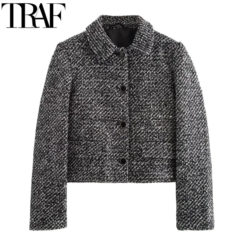 TRAF Women's Jackets Plaid Cropped Jacket For Women Autumn Long Sleeve Sequin Tweed Jacket Woman Vintage Textured Short Coats