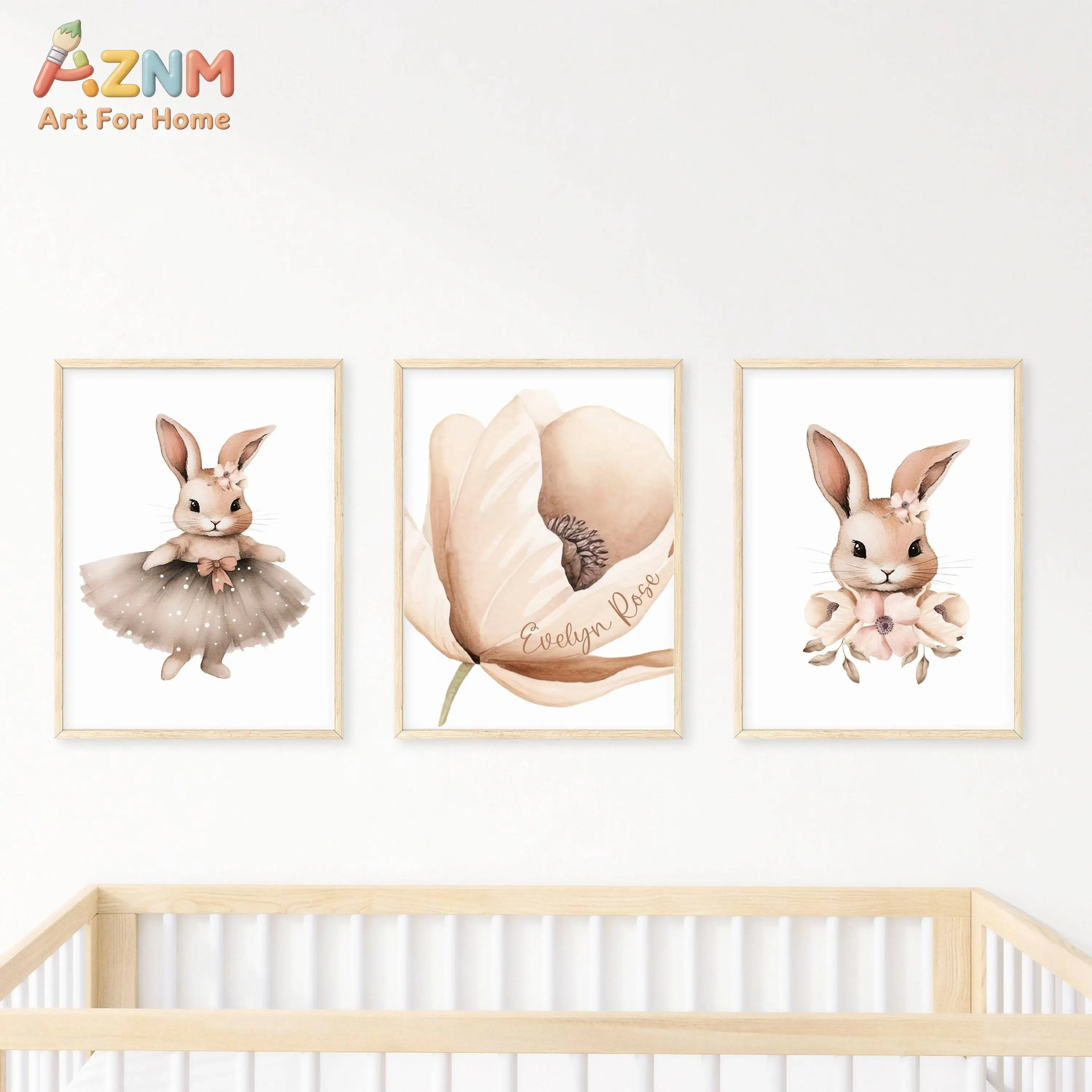 AZNM 3Pcs Watercolor Bunny Flower Canvas Wall Art, Custom Name Beige Floral Rabbit Tutu Print Frameless Canvas Painting,