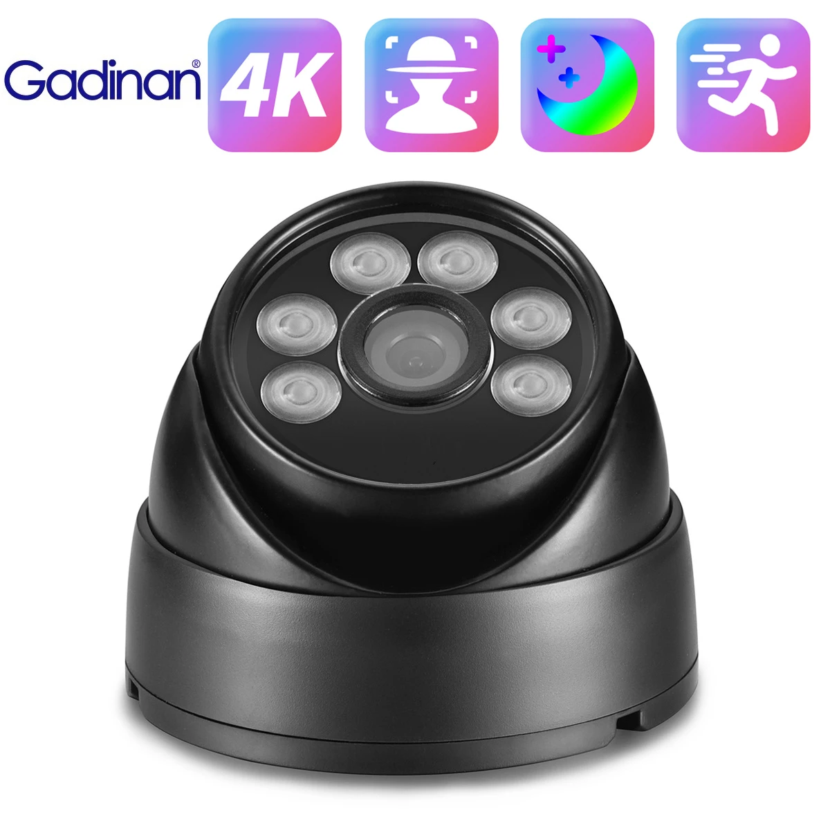 Gadinan Black Metal Outdoors Double Light Human Detect 4K 8MP IP Camera Color Full Night Vision PoE CCTV Security Monitor XMEYE