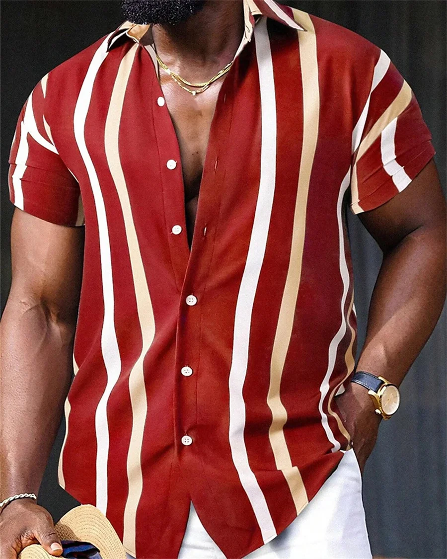 

Мужская рубашка с коротким рукавом, полосатая лоскутная рубашка с коротким рукавом, летняя повседневная гавайская рубашка с лацканами в отпускном стиле, размеры S-6XL