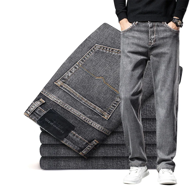 

6 цветов, осенние мужские серые прямые джинсы, деловые повседневные хлопковые эластичные джинсовые брюки, мужская брендовая одежда, большие размеры 40, 42, 44
