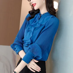 Elegant Stand Collar Button Spliced Loose Ruffles Shirt Women's Clothing 2023 Spring New Casual Tops All-match Commute Blouse