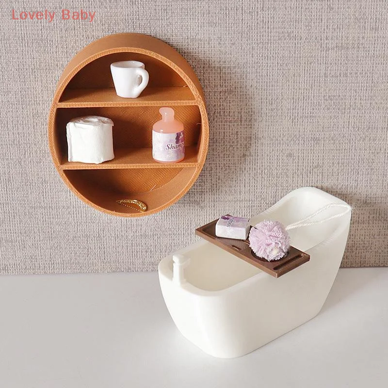【BS】1Pcs DIY Wall Cabinet Decor Dollhouse Mini Bath Tub Model Storage Rack Ornament Pretend Food Play Miniature Doll Accessory