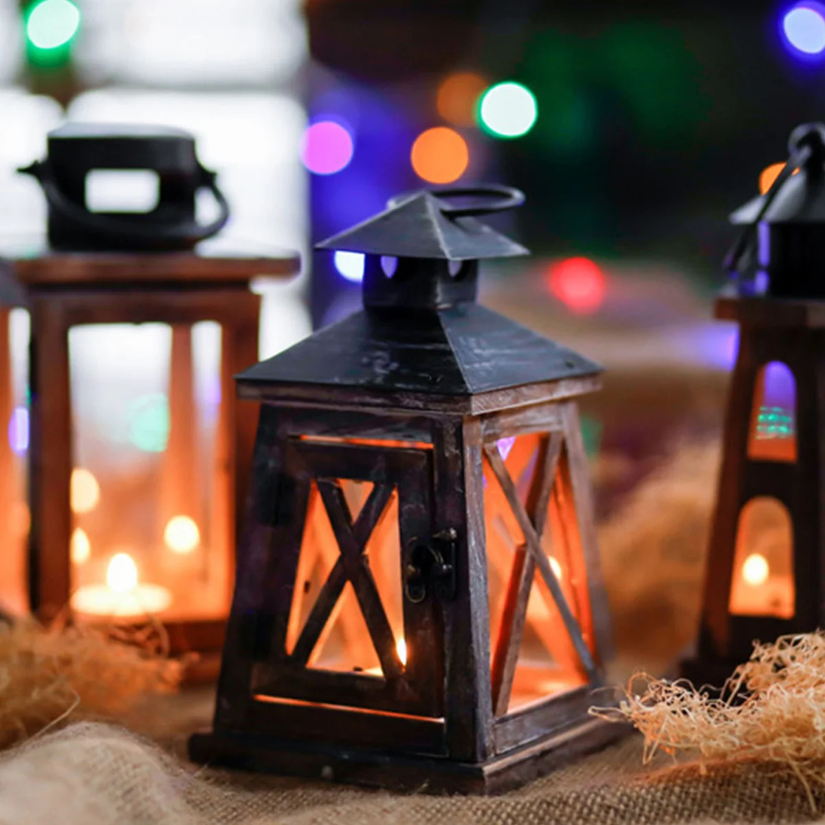 

Charcoal Grey Iron Lantern Hanging Wooden Decorative Tea Light Holder for Wedding Party Festival Lantern
