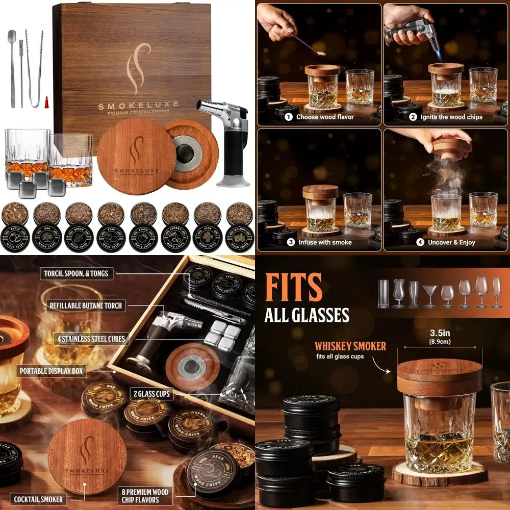 

Подарочный набор для бурбона: 8 вкусов, стаканы, лед из нержавеющей стали, зажигалка-горелка и деревянная коробка