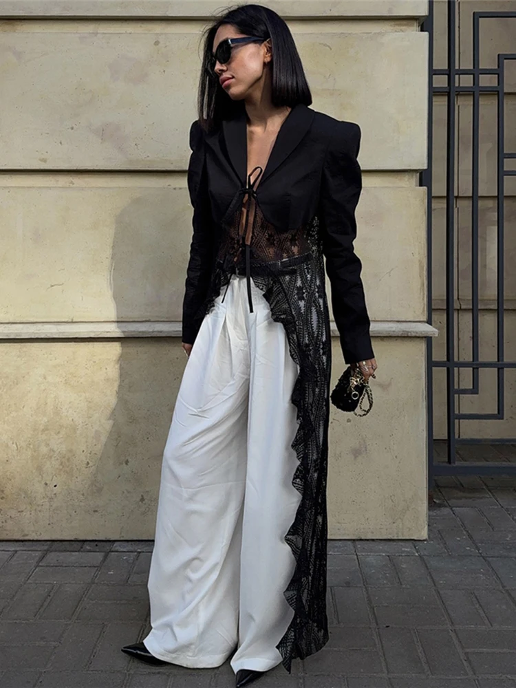 Kliou malha retalhos casacos longos mulher outono tendência rendas cardigan manga cheia estilo de rua alta sexy moda elegante jaqueta