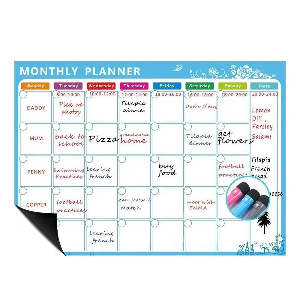 ยืดหยุ่นห้องครัว Work Plan ไวท์บอร์ดสํานักงานแม่เหล็กตู้เย็นสติกเกอร์เดือน Planner Plan Notepad Memo กระดานข้อความ