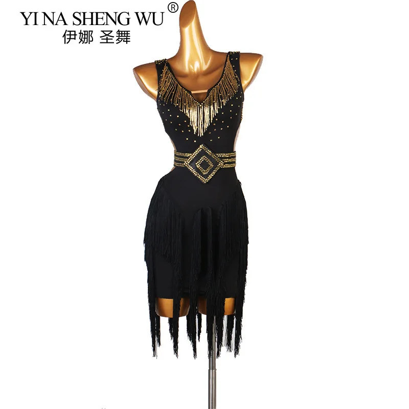 Professionelles lateinamerikanisches Tanz-Performance-Kleid, Quasten-Tanzkleid, Lunba Cha Cha-Tanzkleid, Schwarz, Rot, Damen, lateinamerikanische Performance-Kleidung