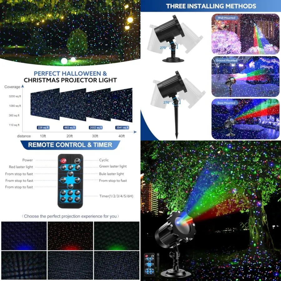 

Outdoor RGB Laser Projector Lights, Moving 3 Color Starry Sky and Firefly Effects Projection Light with RF Control, IP65 Outdoo