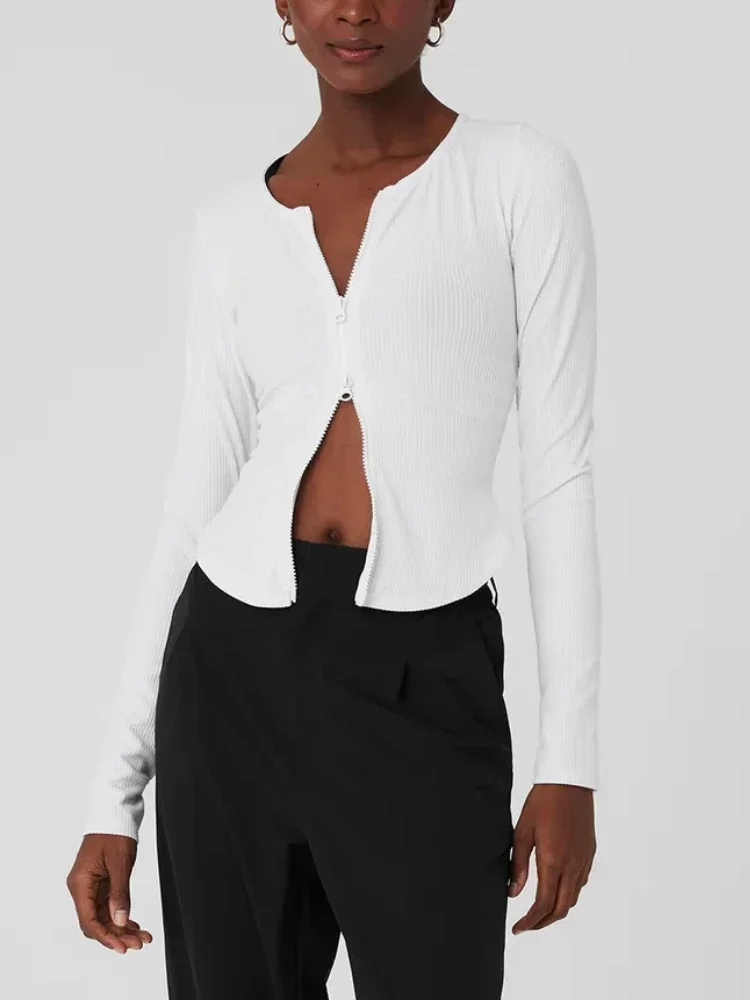 

Black Long-Sleeved Yoga Top with Double Zipper Fashion Sexy Threaded Breathable Knitted Pilates Top for Running Fitness Slim Fit