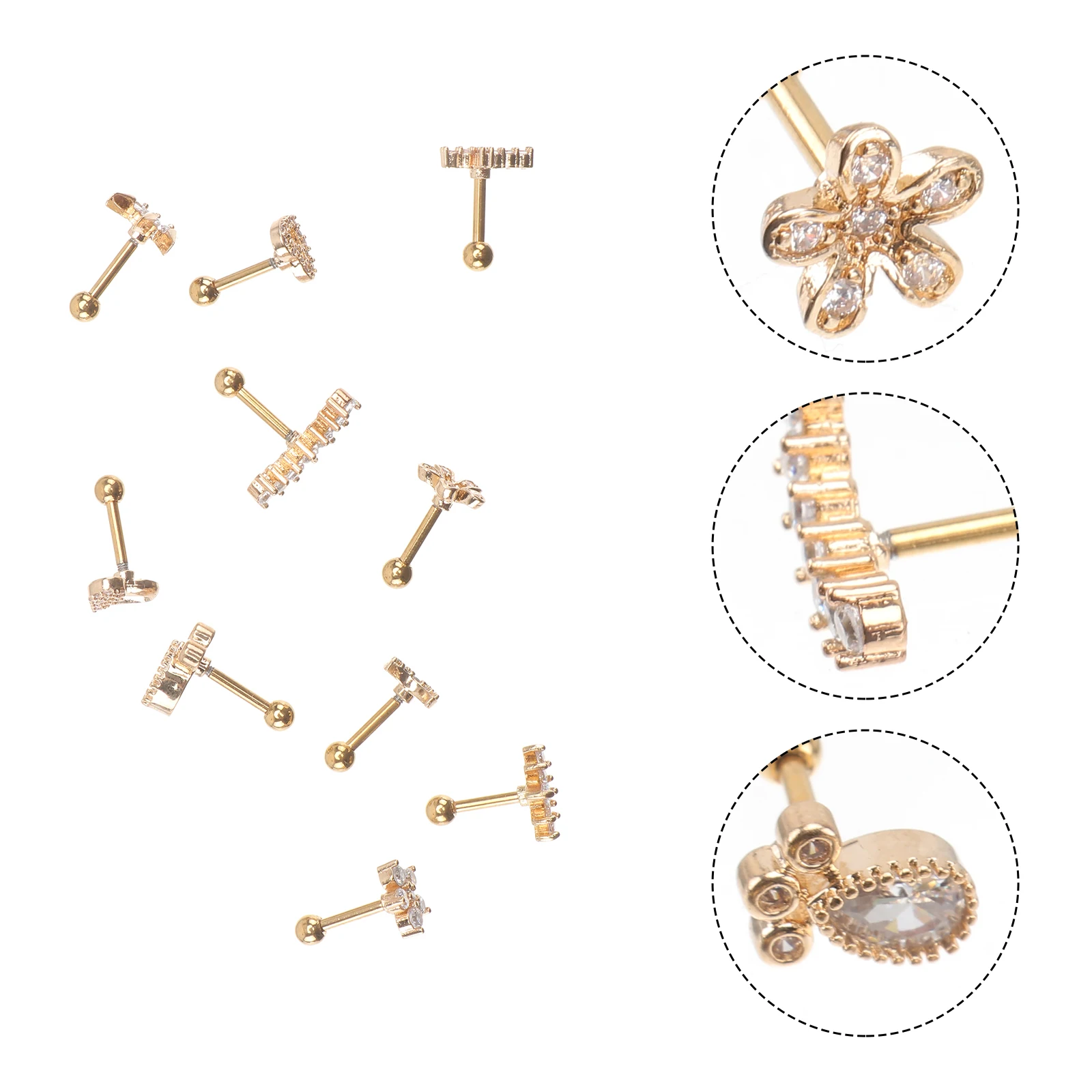 

10pcs Piercing Ear Studs Zirconia Earrings Ear Bone Nails Lip Studs Multi-Functional Smooth Safe Unisex Costume Party Wedding