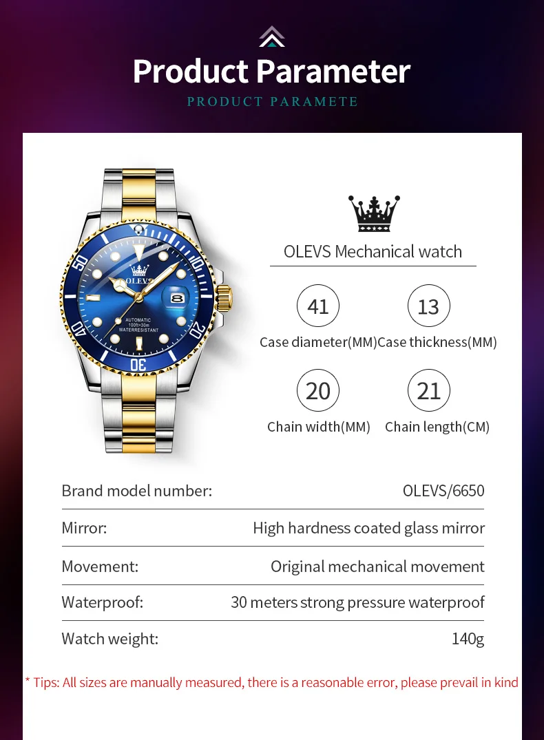 OLEVS 6650 Original Automatic Mechanical Men\'s Watch Night light Waterproof  Stainless steel Men Hand Clock