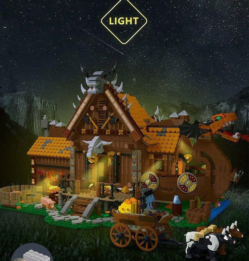 033051 Edizione di illuminazione da cabina vichinga Blocchi di costruzione creativi architettonici retrò Compleanno, Halloween, regali di Natale