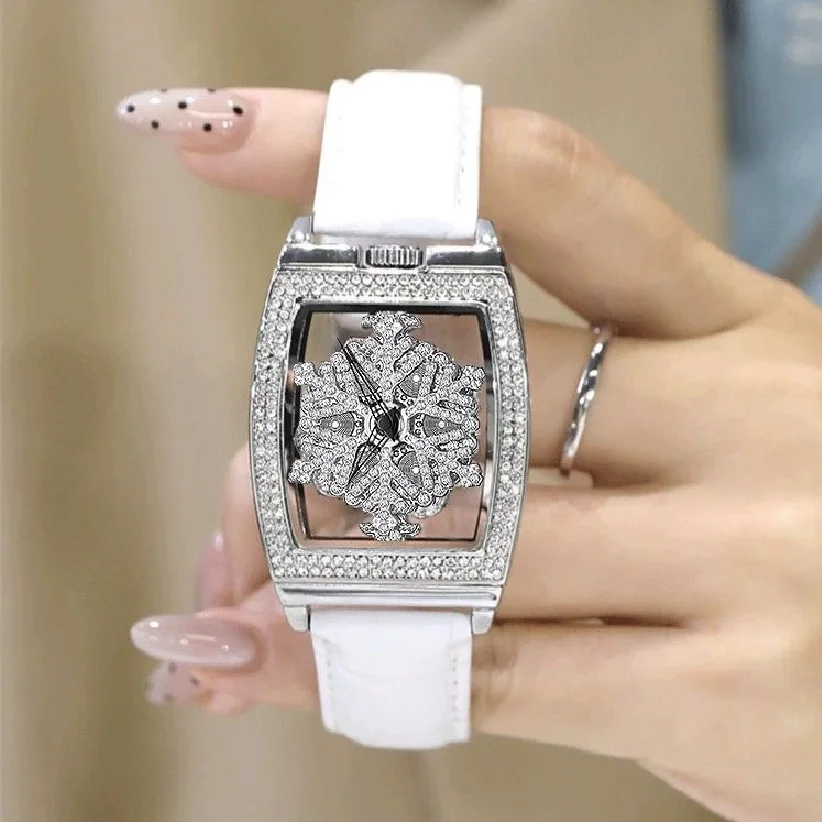 

New Fashion Luxury Woman Tonneau Leather Rotatable Watch Women Rhinestone Transparent Back Quartz Watch Ladies Wrist Watch Gifts