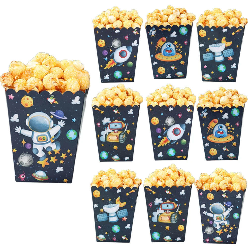 Image of Weltraum-Papier-Popcornboxen Astronauten-Raketen-Süßigkeiten-Keksbehälter für Astronauten-Galaxie-Geburtstagsparty-Zubehör