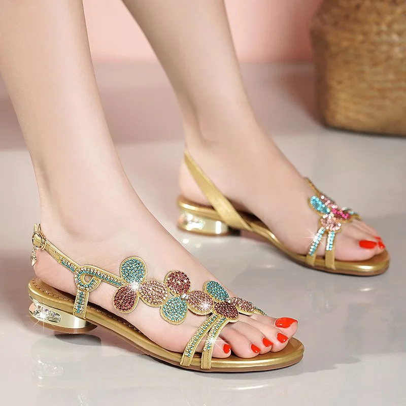 Temperament Elegant Rhinestone Sandals Summer Low Heel Shoe New Open Shoes Rhinestone Gift Fashion Flat Women Sandal