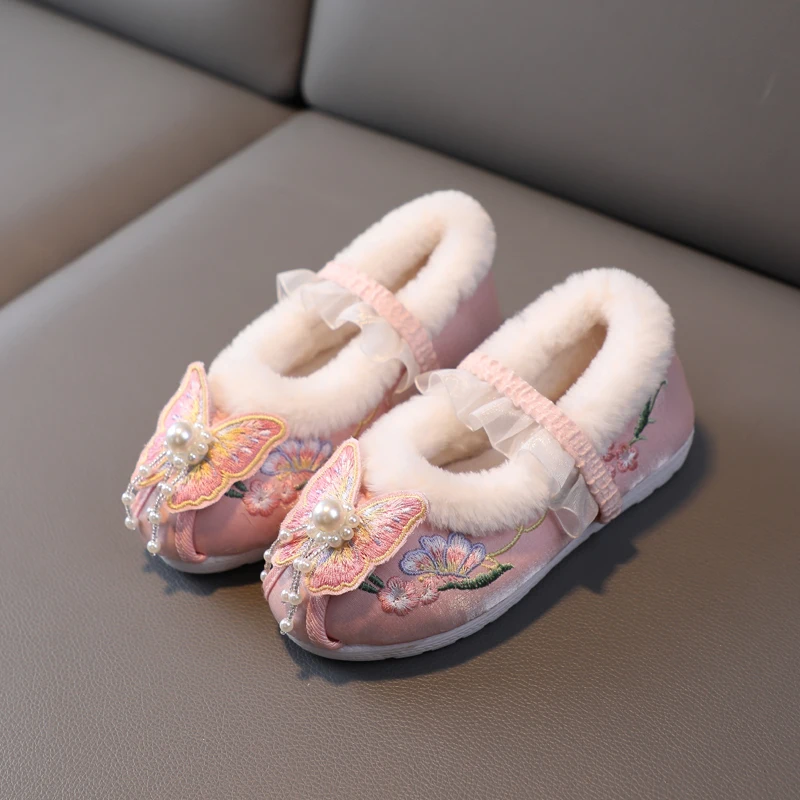 

Traditional Chinese Hanfu Shoes for Girls - 2025 Winter Fleece-Lined Embroidered Kids' Costume Footwear - Toddler Ancient Shoes