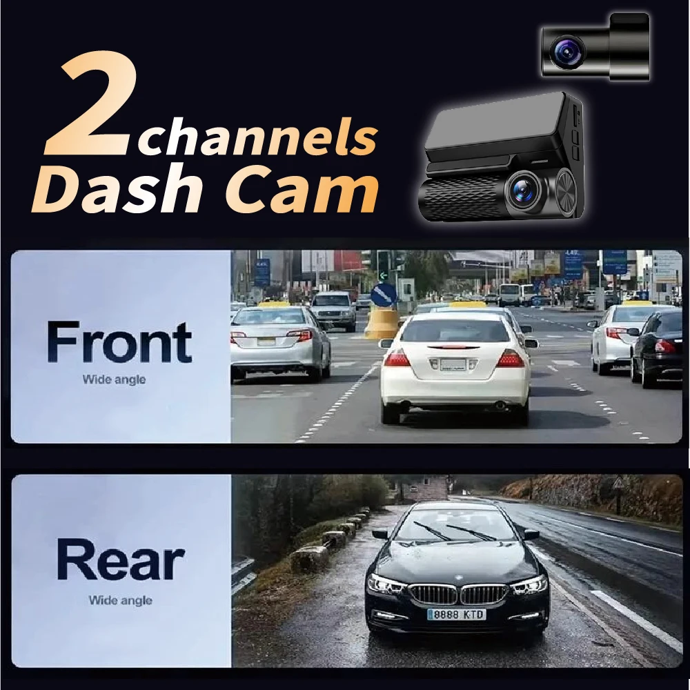 Dual Lens Dash Cam Hidden Car DVR 3.2Inch 4K+1080P Front Rear Wide Angle Super Night Vision Loop Recording