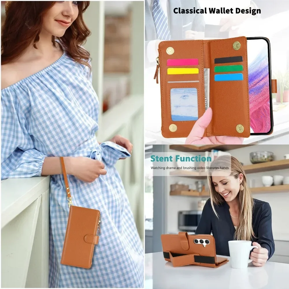 Zipper Wallet Card Holder Elastic Wrist Strap Phone Case For Samsung Galaxy A55 A15 A54 A53 A52S A52 A73 A72 A14 A13 5G A51 A71