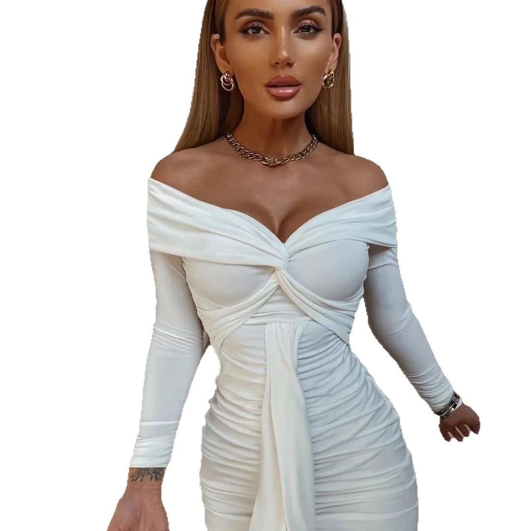 Robe plissée transfrontalière pour femmes, Streamer, Sexy, col en v, épaules dénudées, manches longues, nouvelle collection automne et hiver 2025