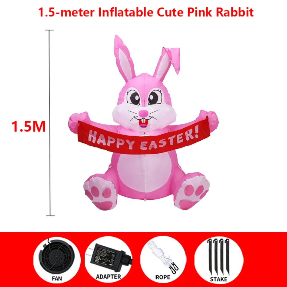 1.5M Inflatable Pink Easter Bunny LED Lighted Yard Decorations Outdoor Garden Blow Up Cute Rabbit Holiday Party Ornament